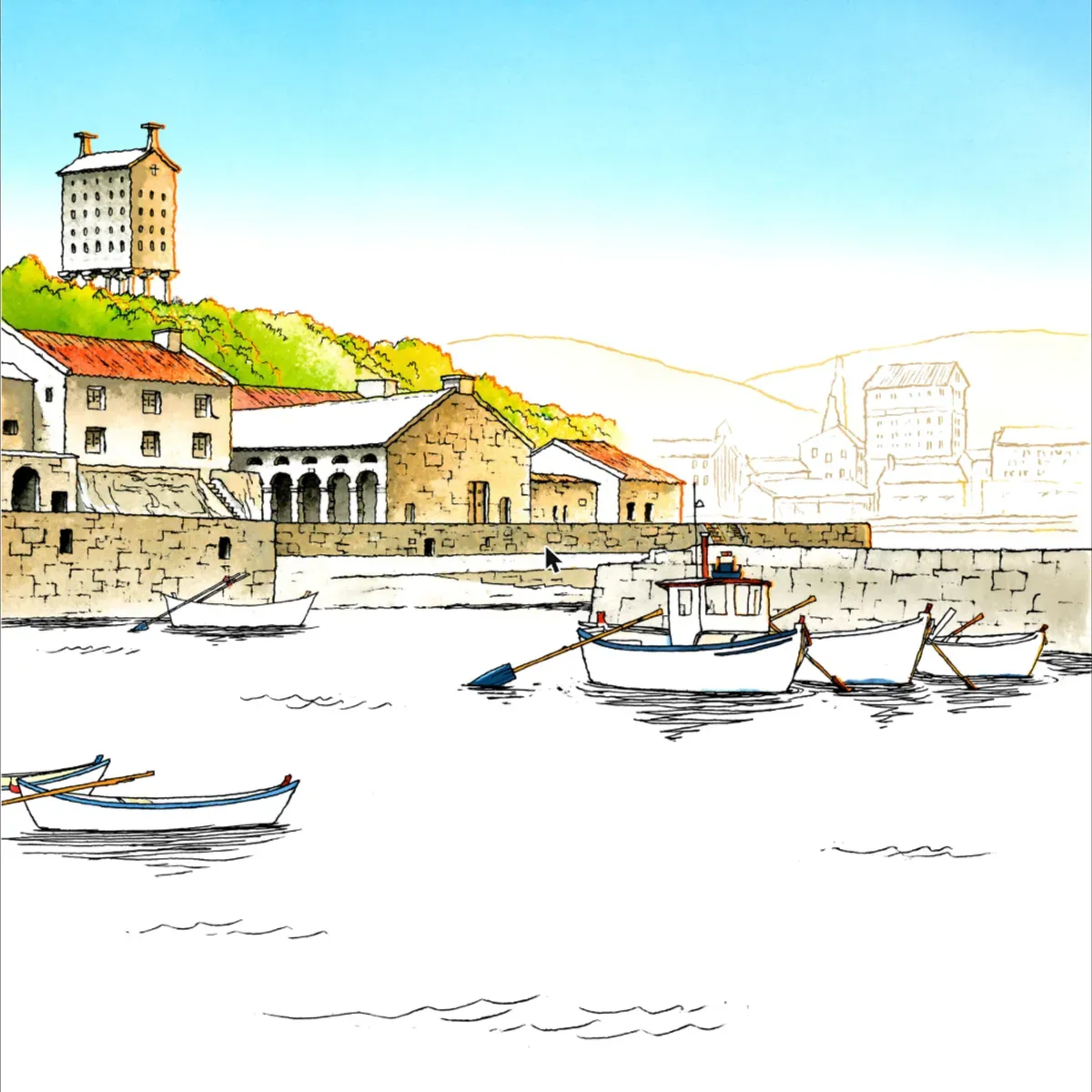 Illustrated coastal scene evoking Spain — the home of Ramón Peña