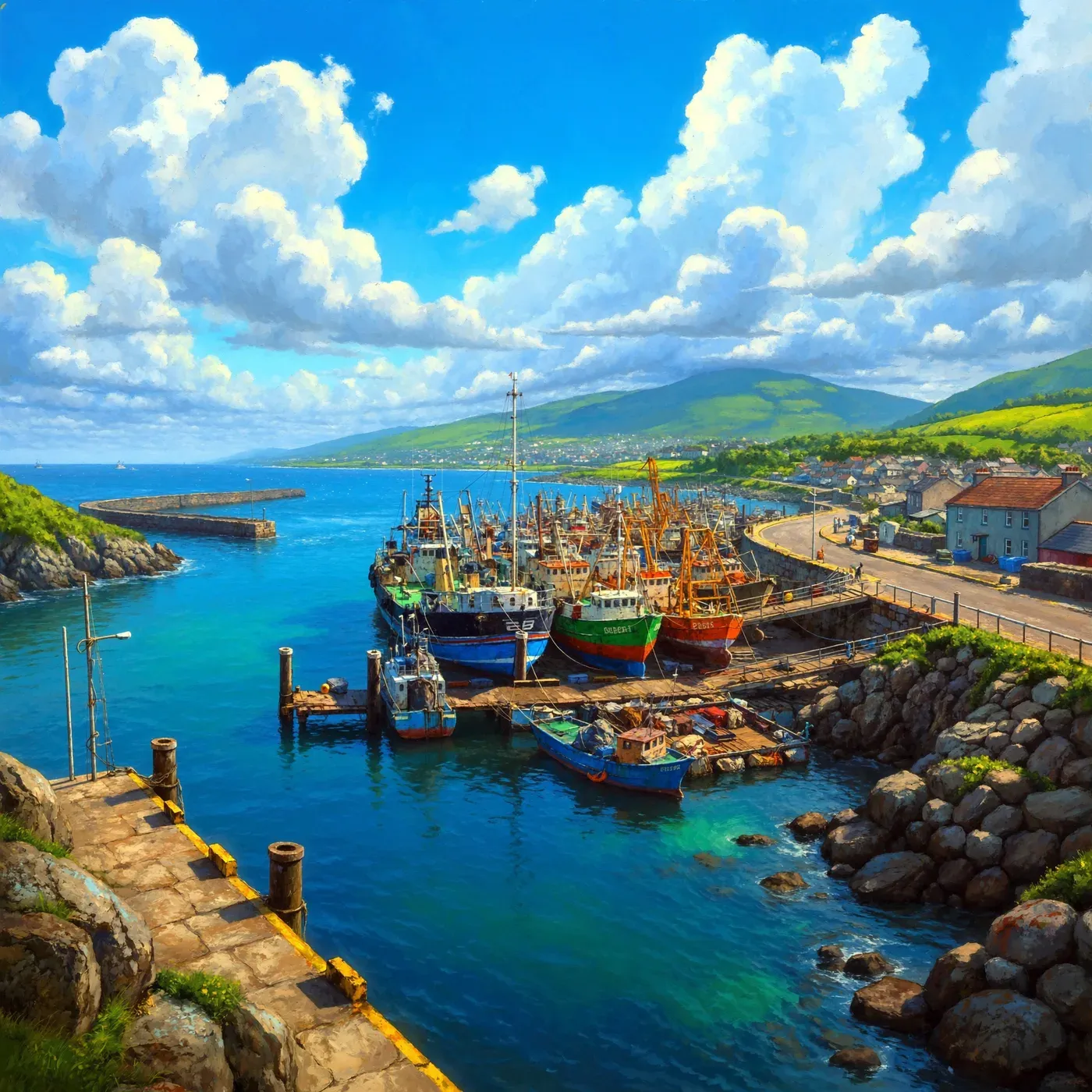 Illustrated coastal scene evoking Ireland, home of Shines Seafood