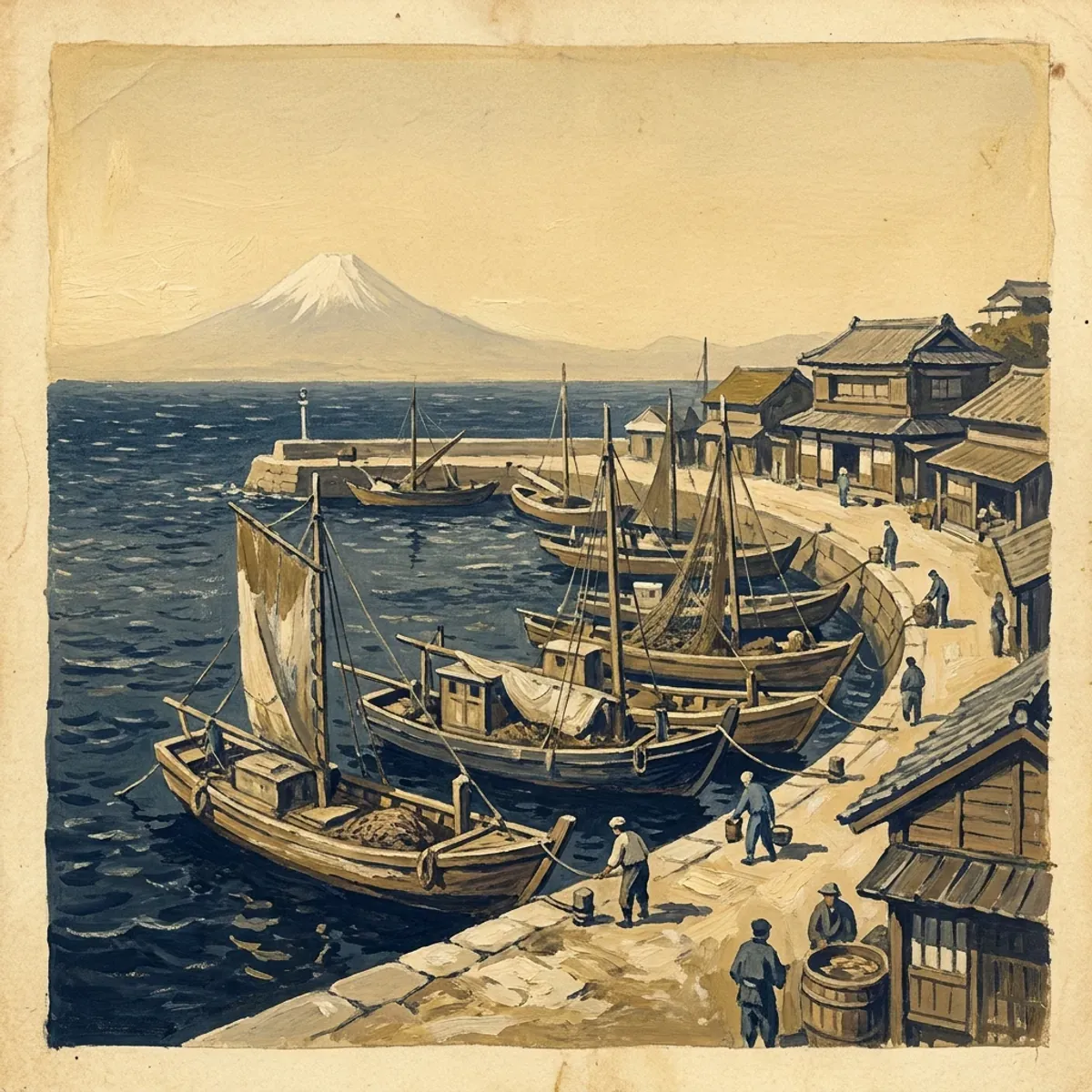 Illustrated coastal scene evoking Japan — the home of Nissui (Nippon Suisan)