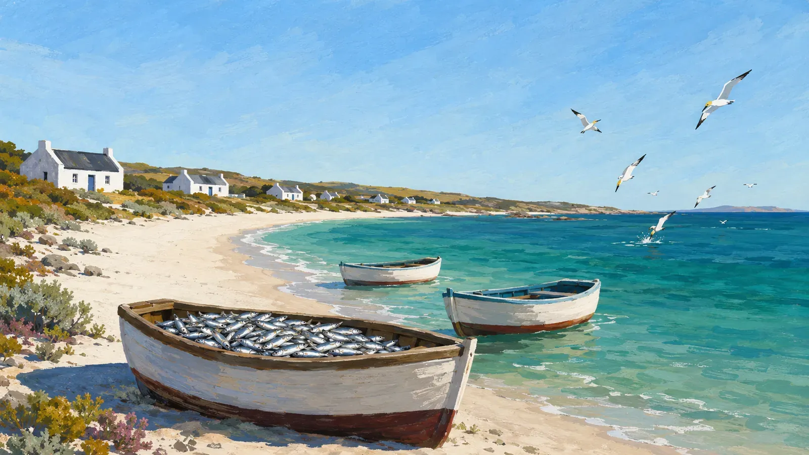 Illustrated coastal scene evoking South Africa — the home of Lucky Star