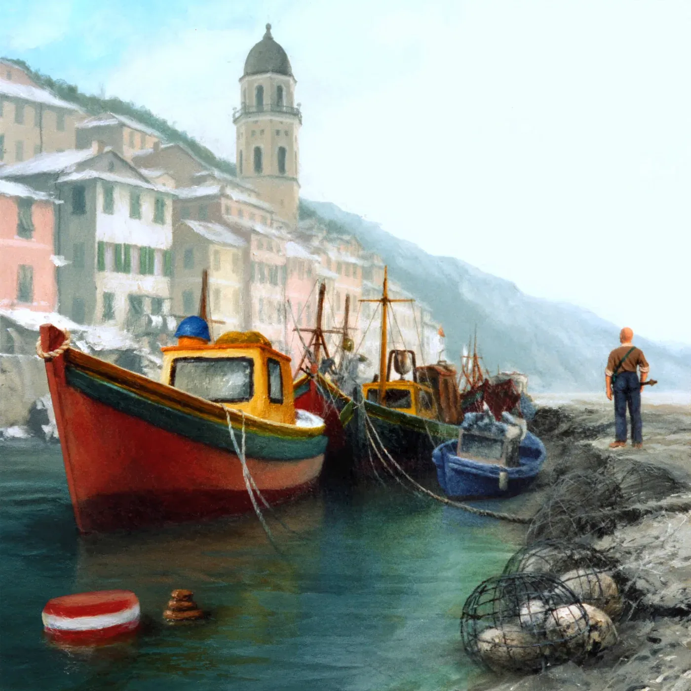 Illustrated coastal scene evoking Italy, home of Angelo Parodi
