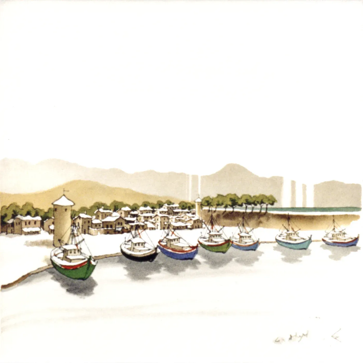 Illustrated coastal scene evoking Italy, home of Pollastrini