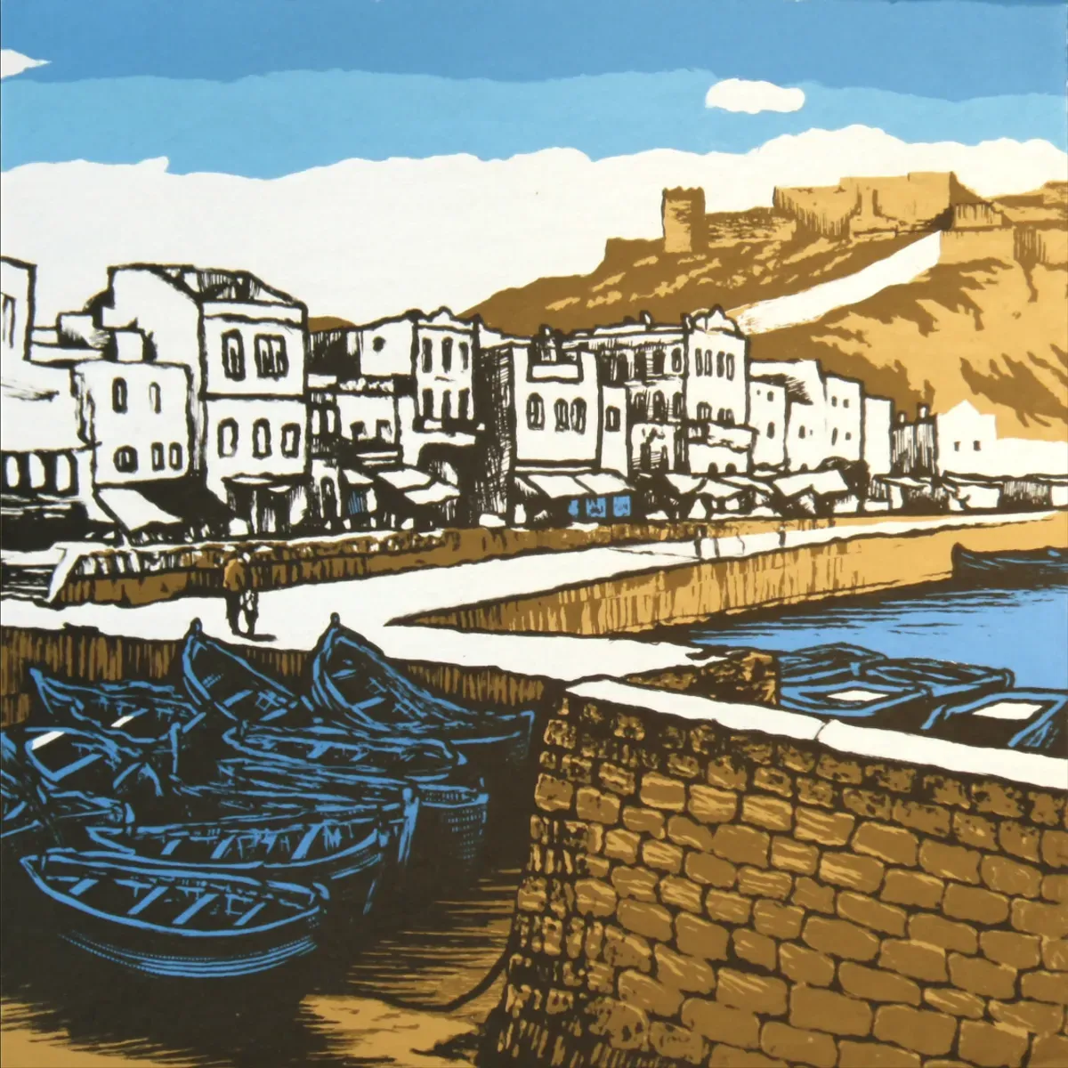 Illustrated coastal scene evoking Morocco — the home of Belma (Armorial)