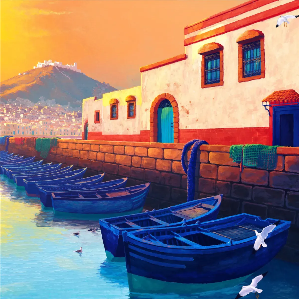 Illustrated coastal scene evoking Morocco — the home of Titus (Unimer)