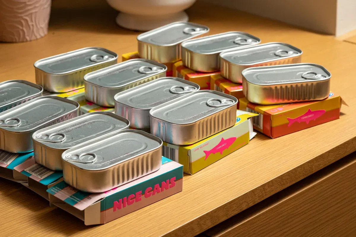 Nice Cans tins stacked on their boxes, all three flavours together