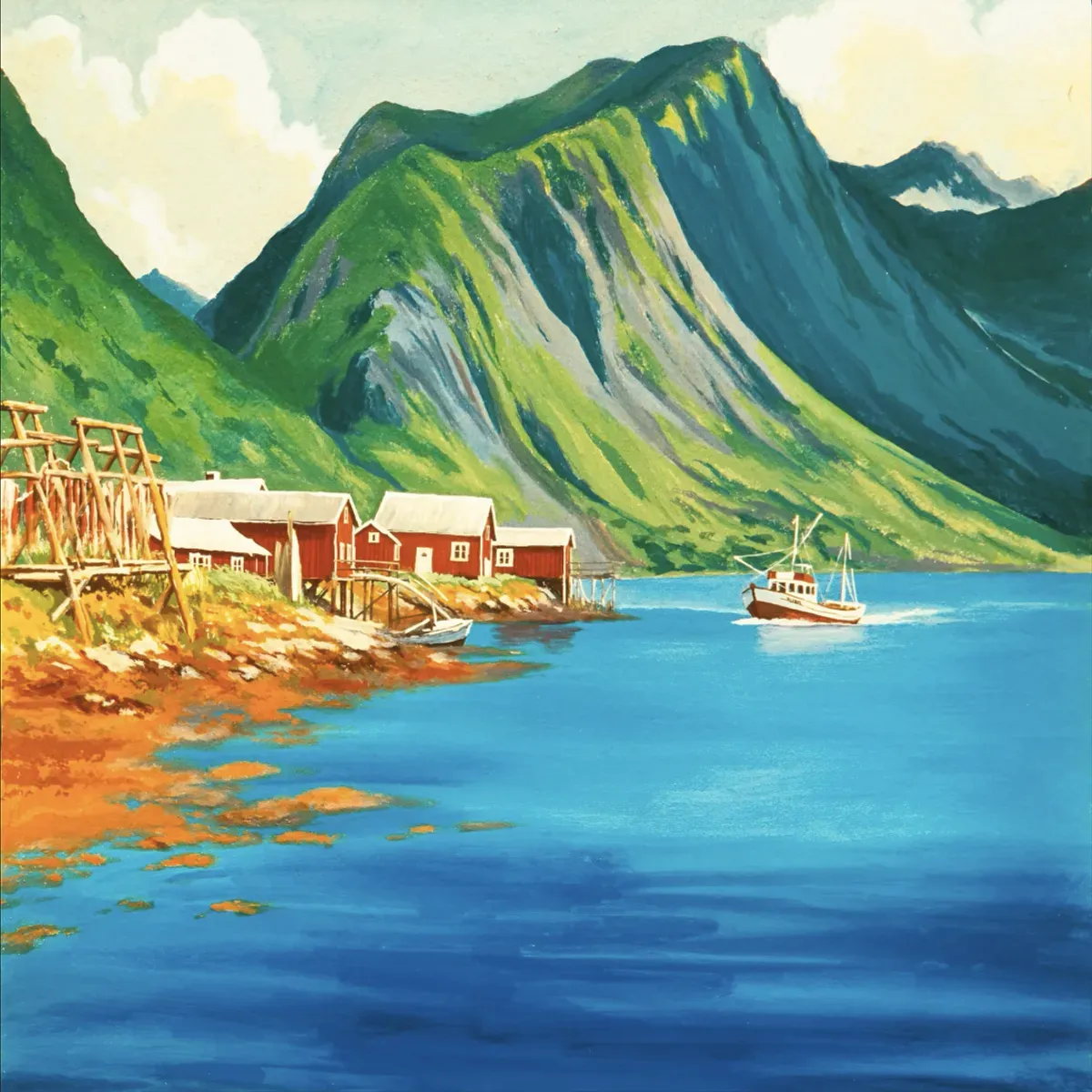 Illustrated coastal scene evoking Norway — the home of King Oscar