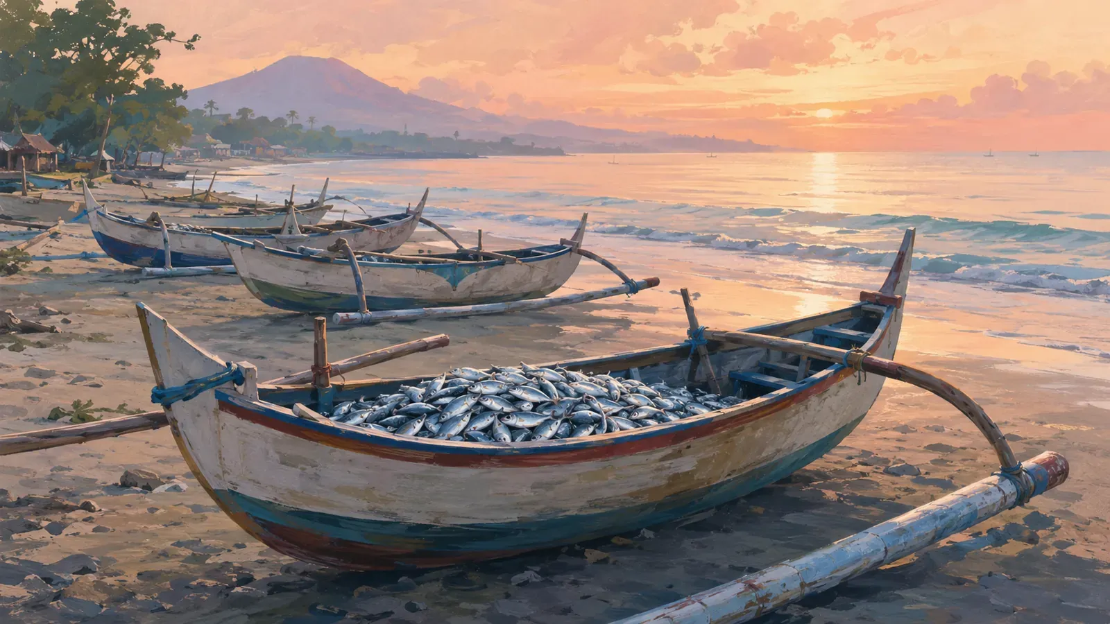 Illustrated coastal scene evoking Indonesia — the home of Pronas