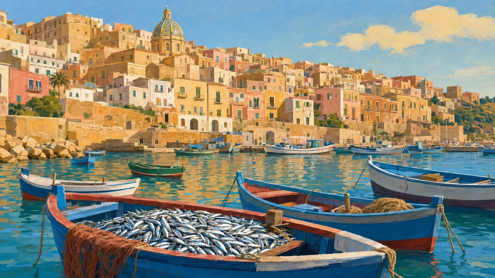 Illustrated coastal scene evoking Italy — the home of Scalia