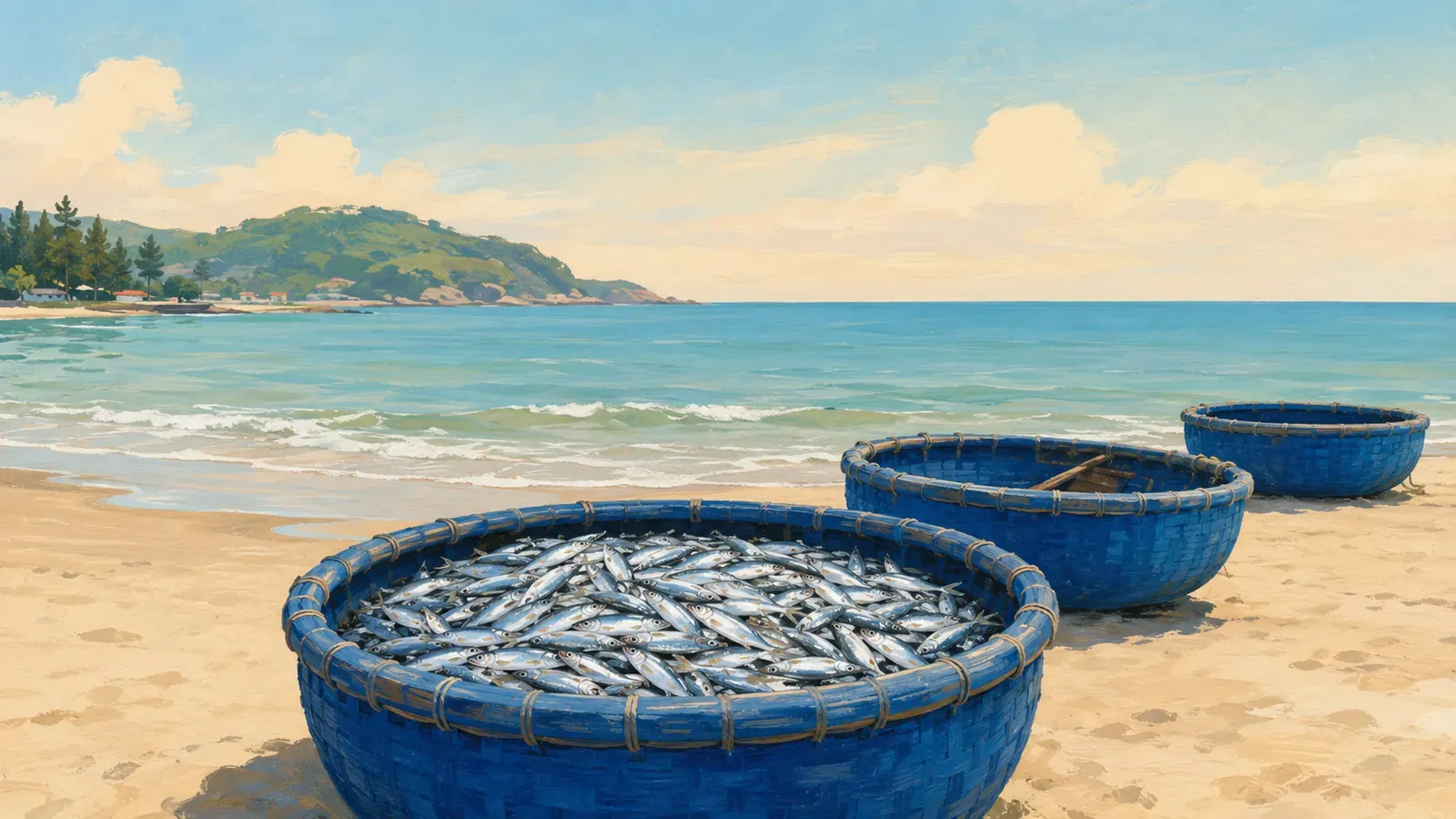 Illustrated coastal scene evoking Vietnam — the home of Sea Crown