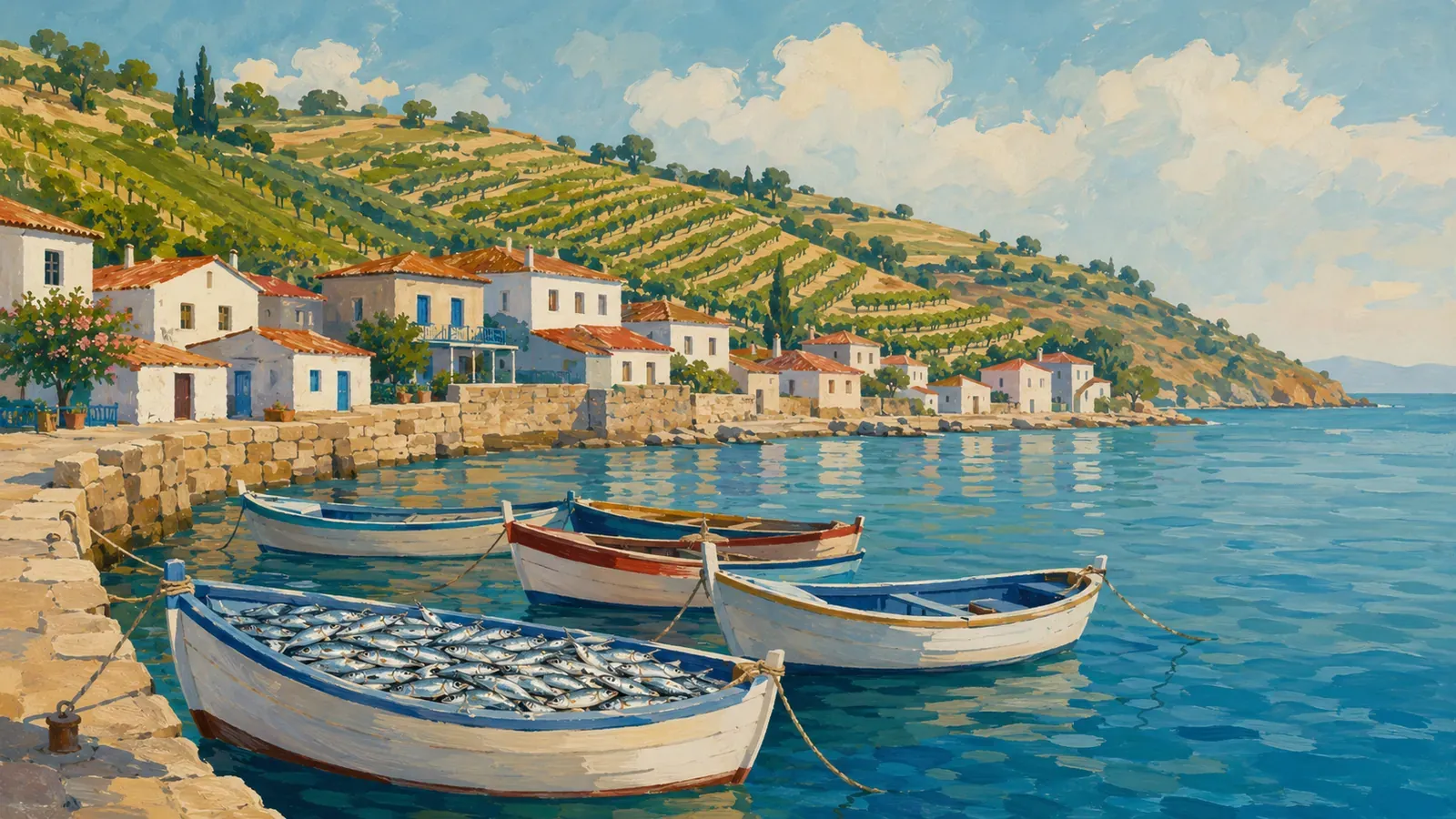 Illustrated coastal scene evoking Turkey — the home of Selahattin Kemerli