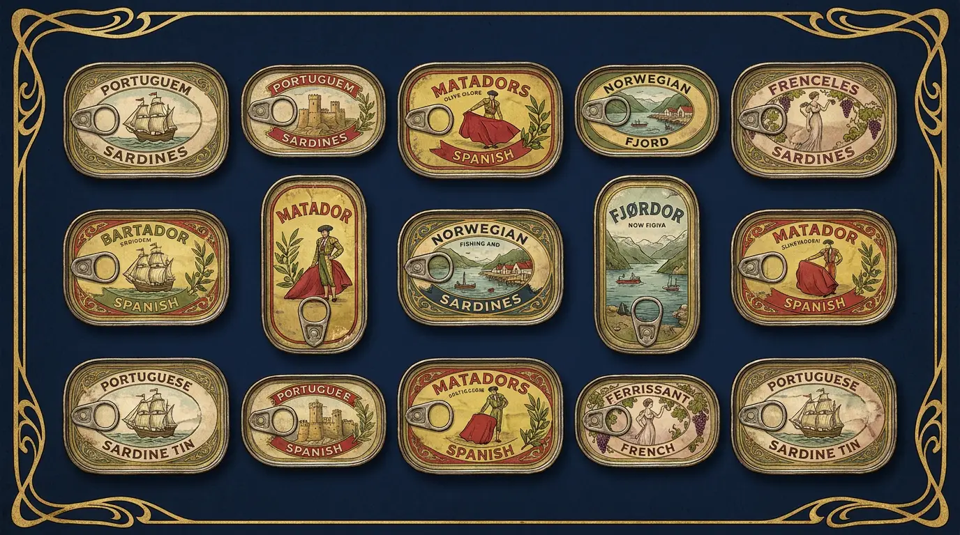 Vintage illustration of ornate sardine tins