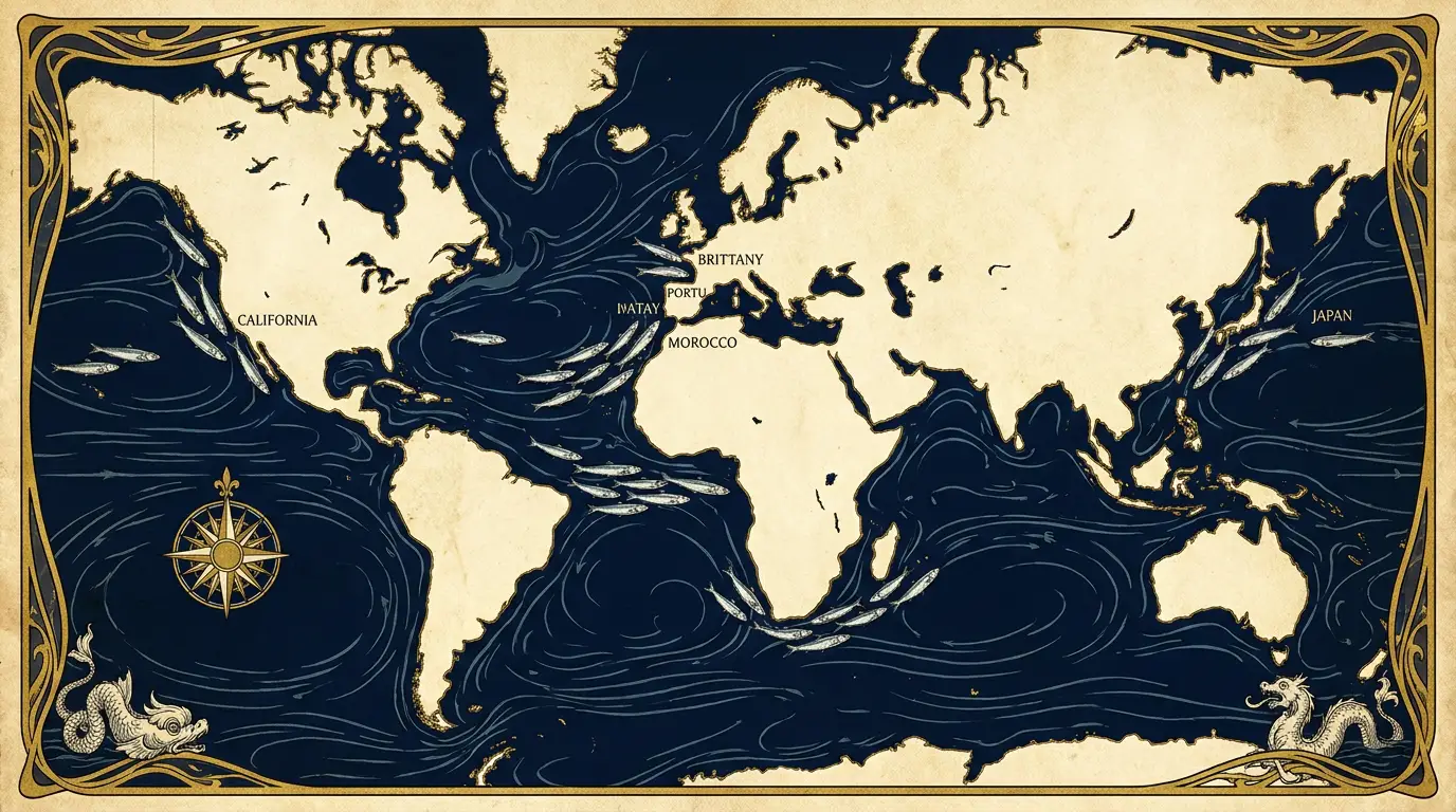 Antique map of world sardine runs